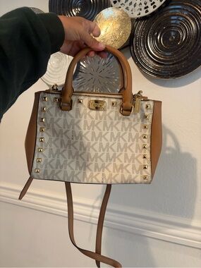 Michael Kors Beige & Brown MK Logo Studded Satchel